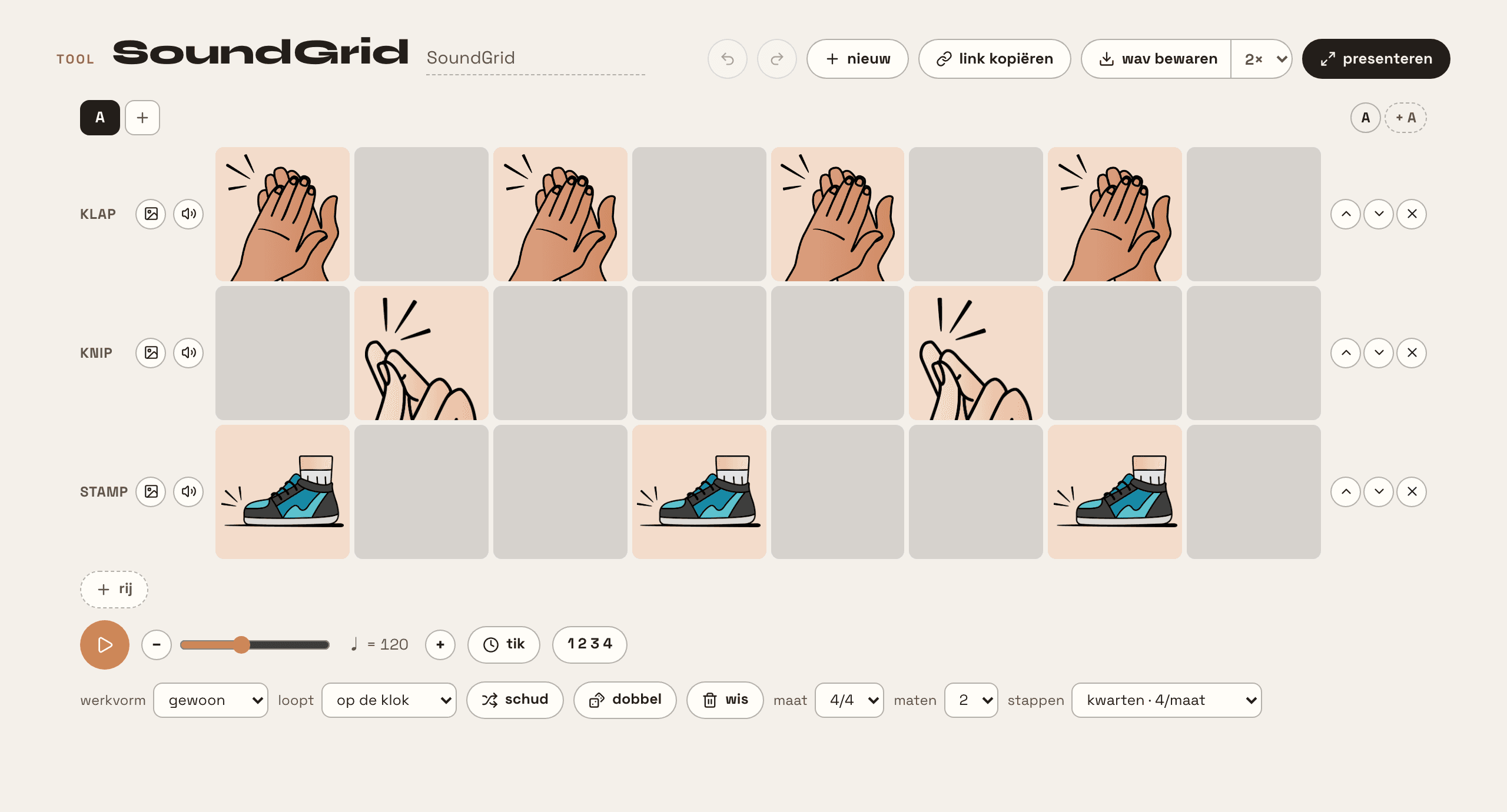 Het raster: drie rijen van acht vakjes, met de namen klap, knip en stamp ernaast. De aangezette vakjes tonen een tekening van klappende handen, knippende vingers en een stampende schoen. Eronder een speelknop, het tempo en de keuzelijst met werkvormen.